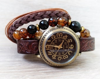 Brown watches for Women boho Watch Brown leather watch bracelet Brown Hipster Watch Vintage watch Cow Leather watch for Her Gifts for Woman