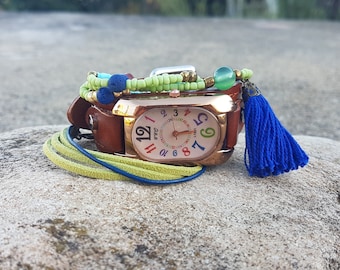 Bohemian brown watches for women colorful unisex hippie wristwatch multicolor boho watch rectangle