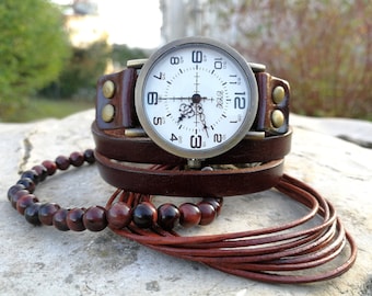 Brown Wrap Watch for Woman Hipster watch Men leather watch Two wrap wristwatch Women Wrap Watch  Unisex Wrist Watch Anniversary gift