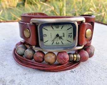 Reloj de pulsera de cuero marrón con puños, estilo bohemio, para hombre y mujer, de cuero, unisex, para mamá, regalo para mujer.