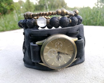Brown Leather Cuff Watch Bracelet Unisex Boho Wristwatch  display picture 2