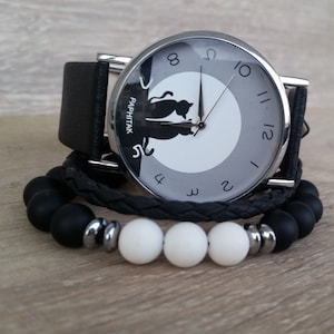Black Leather Watch Cat Lovers Funny Watch Moon Watch with Cats Ladies Watches for Women Boho Watch Cat Lover Gift Funny Gift for Her B-day