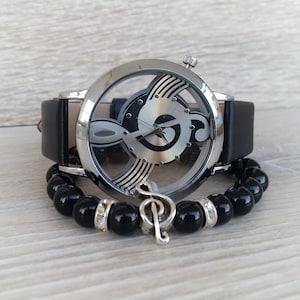 Musician Watch for Women Black Leather Watch Music Teacher Gift for Musician Wristwatch Music Black Watch Music Lover gift Note Watch Boho