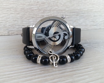 Montre noire de musicien pour femme, cadeau de professeur de musique, montre-bracelet, bijoux mélodiques