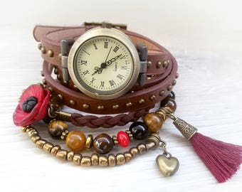 Floral Watch bracelet Bohemian watch Ladies Leather watch Boho wrap watch Stone and Poppy bracelet Xmas Gift for Her Woman Gift