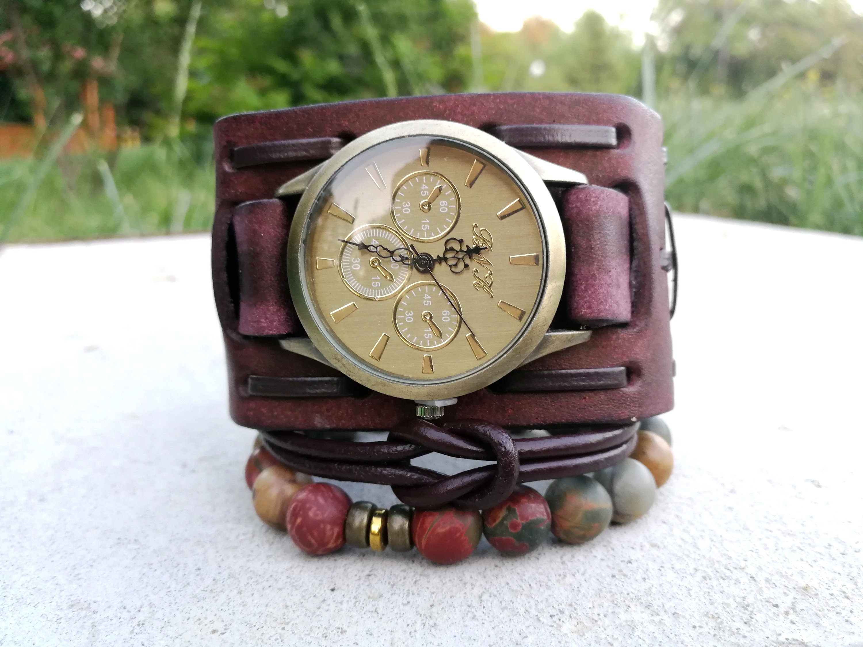 Brown Leather Cuff Watch Bracelet Unisex Boho Wristwatch  display picture 1