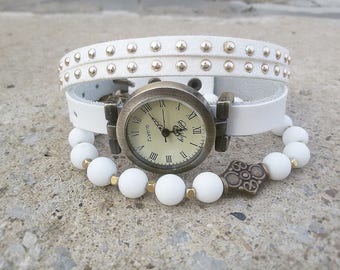 White Woman Watch Vintage Wrist Watch Bohemian Watch Bracelet Boho wedding gifts White Hipster Watch Birthday Gift For Woman