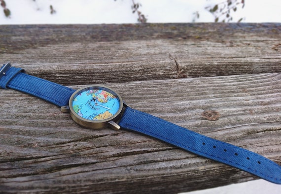 Watch World Map Globe Wristwatch Women s Watch Denim Travel Watch