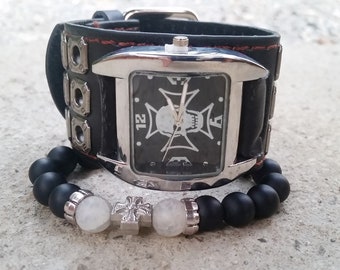Gothic Skull Watch Men's Punk Rock Watches Goth Style Stone Bracelet Gift for Him