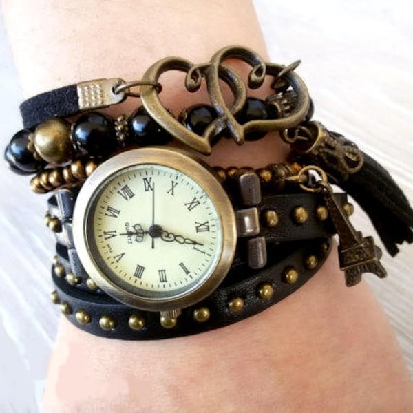 Black Wristwatch Three Wrap Watch Boho Women watch bracelet Leather wristwatch Vintage Black Watch Black Leather Watch Ladies watch Boho