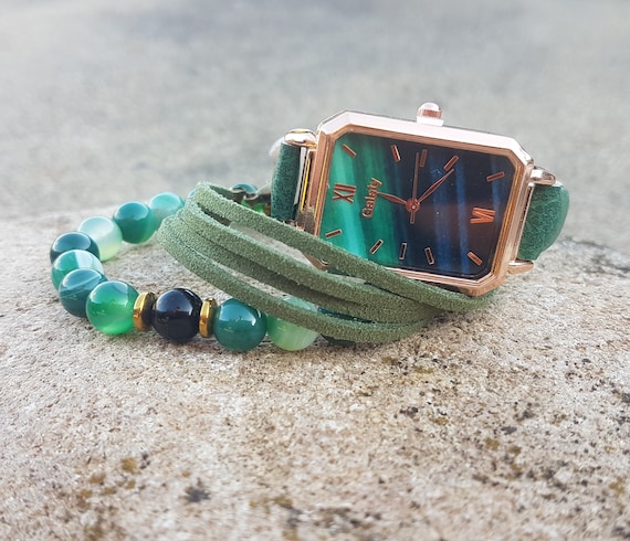 Grüne Armbanduhr für Frauen Einfache quadratische Armbanduhr Boho