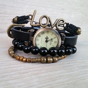 Black boho Watches for Women Vintage Leather Wristwatch Teacher Gift for B-day