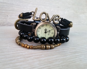 Zwarte boho-horloges voor dames vintage leren polshorloge leraar cadeau voor verjaardag