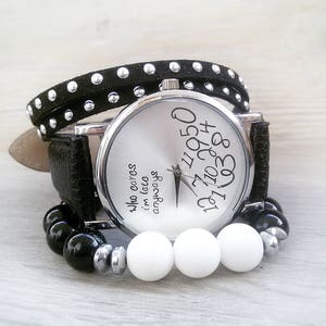 Who cares watch Boho Wristwatch Black Hipster Watch for Girlfriend Mom's gift for Wife Funny gift for Woman wristwatch Funny Woman gift