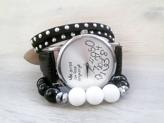 Who cares watch Boho Wristwatch Black Hipster Watch for Girlfriend Mom's gift for Wife Funny gift for Woman wristwatch Funny Woman gift