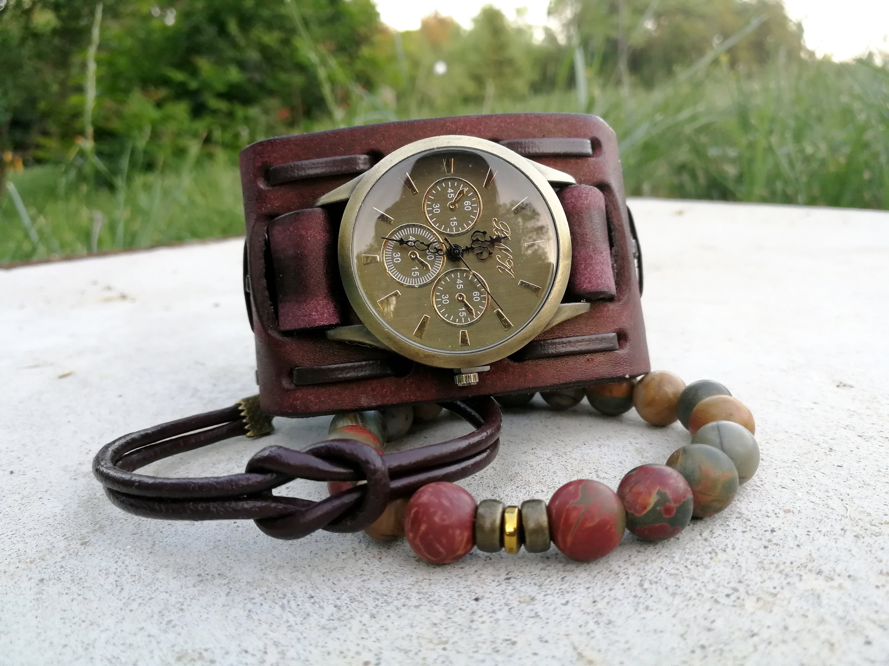 Personalized Leather Cuff Watch with metal tag