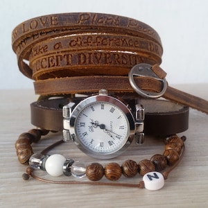 Hipster Watch for women Personalized watch Brown Leather watch Boho watch bracelet Stack Woman Boho wristwatch Custom Rustic watch Mom gift