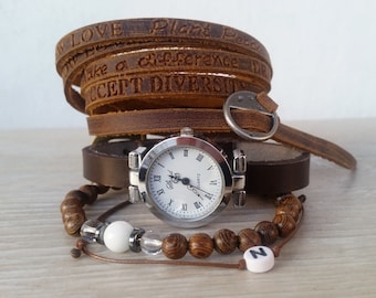 Reloj Hipster para mujeres Reloj personalizado Reloj de cuero marrón Pulsera reloj Boho Stack Woman Boho reloj de pulsera Custom Rustic watch Mom gift