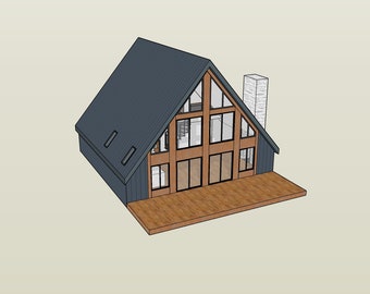 Puede incluir: Una representación 3D de una casa moderna en forma de A con una gran terraza abierta. La casa tiene un techo y revestimiento de color gris oscuro, con grandes ventanas y un marco de madera. La terraza está hecha de tablones de madera y tiene una barandilla.