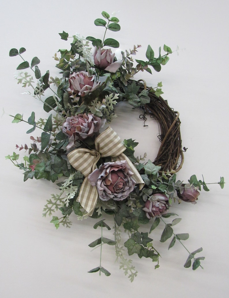 Mauve Rose Silk Floral Vintage Crescent Front Door Wreath Everyday Wreath Spring Wreath Dried Floral Wreath Vintage WreathReady to Ship