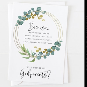carte seras-tu mes parrains et marraines imprimable parce que je sais que vous m'aimez proposition de poème de parrains et marraines feuilles d'eucalyptus couronne de fleurs or moderne
