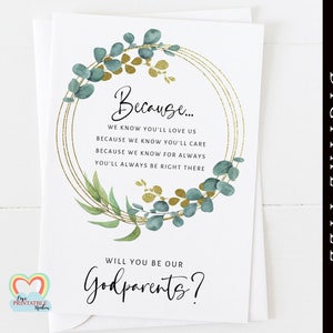 carte seras-tu nos parrains et marraines imprimable parce que je sais que vous nous aimerez proposition de poème de parrains et marraines feuille d'eucalyptus couronne de fleurs or moderne