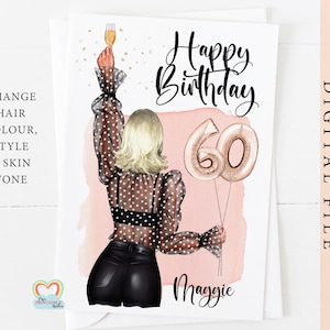 Personalisierte digitale Karte zum 60. Geburtstag für Tochter, Schwester, beste Freundin oder Cousine - personalisierbar und digitaler Download - print at home PDF
