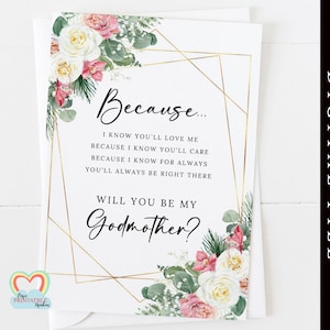 ¿Quieres ser mi madrina? Tarjeta imprimible porque sé que me amas, poema de madrina, propuesta, rosas, hojas, corona floral dorada, bricolaje moderno.