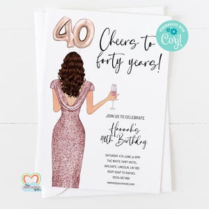 Convite editável de 40º aniversário para mulheres | Convite para comemorar os quarenta anos | Modelo Corjl | Vestido rosa brilhante para festa com vinho