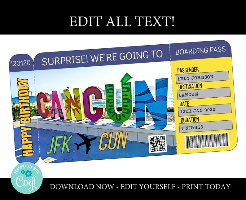 Cancun boarding pass template trip to mexico airplane ticket Etsy