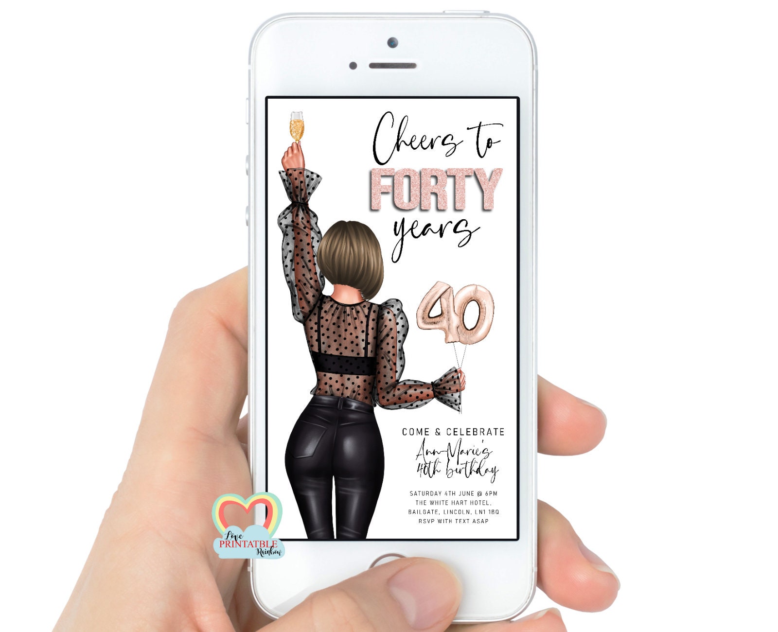 personalised 40th birthday digital invitation evite template custom birthday invite for her PINK glitter sms cellphone mobile whatsapp