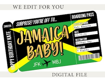 Boleto de viaje sorpresa a Jamaica, tarjeta de embarque imprimible de cumpleaños, regalo para revelar las vacaciones, regalo de viaje a Jamaica, boleto de viaje personalizado