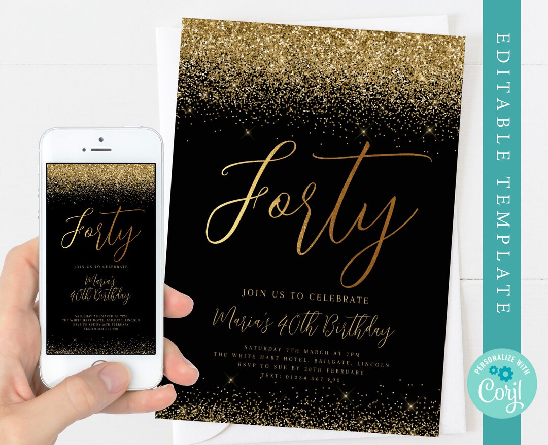 Printable Birthday Invitation Gold Glitter | Editable Template | 40 ...
