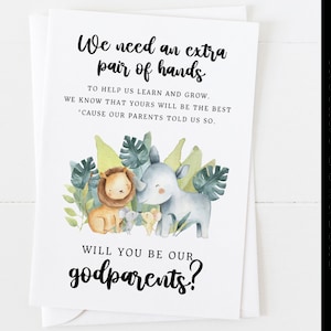 Serez-vous nos parrains et marraines carte safari imprimable bricolage j'ai besoin d'une paire de mains supplémentaire proposition de parrains et marraines mignon téléchargement numérique de jumeaux