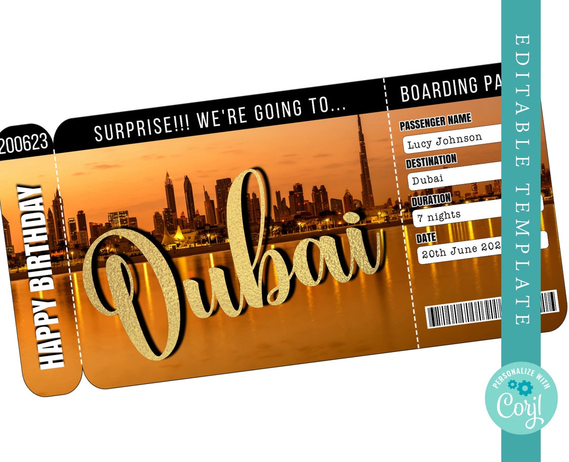Dubai Boarding Pass Template Trip to United Emirates Airplane Etsy UK