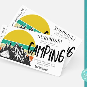 bon cadeau camping, voyage en camping, vacances en camping, billet imprimable, nous allons camper, billet modifiable, billet de camping bricolage