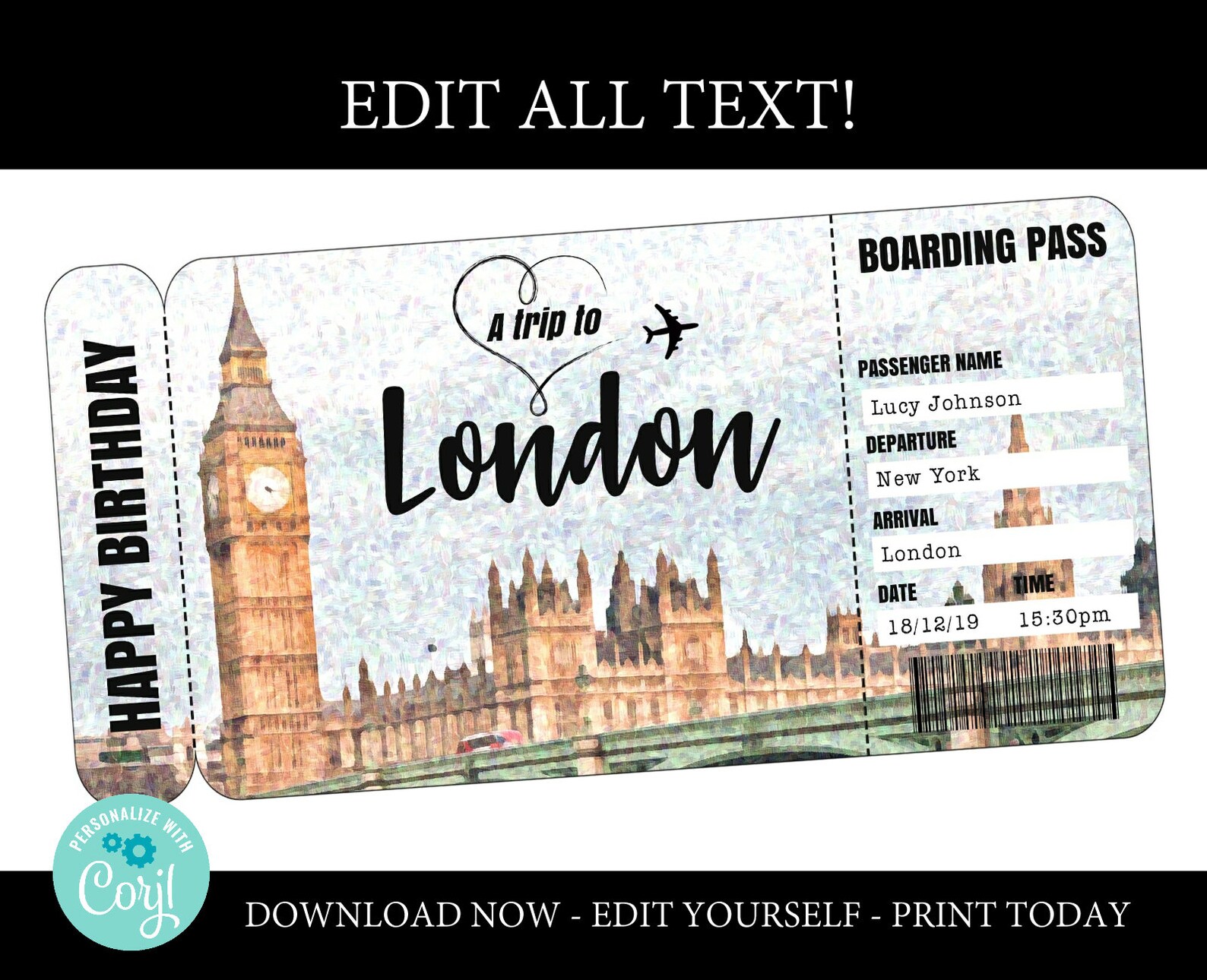 London boarding pass template trip to London airplane ticket Etsy