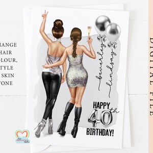 Cartão de aniversário de 40 anos personalizado para impressão para gêmeos, melhores amigos ou irmãs – Cartão de felicitações digital personalizável - imprima em casa PDF