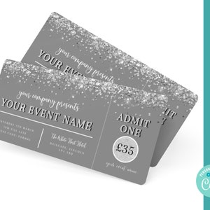 Silber Glitter-Veranstaltungskarte druckbare, bearbeitbare Veranstaltungskarte, Senior Prom-Karte, diy-Veranstaltungskarte, Veranstaltungsticket-Vorlage, Konzertkarte