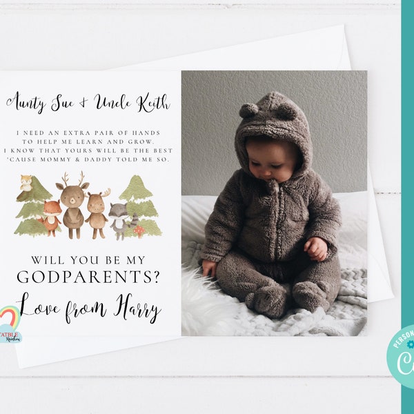 EDITABLE godparents card, will you be my godparents printable, godparents proposal instant download, godparents poem, woodland animals