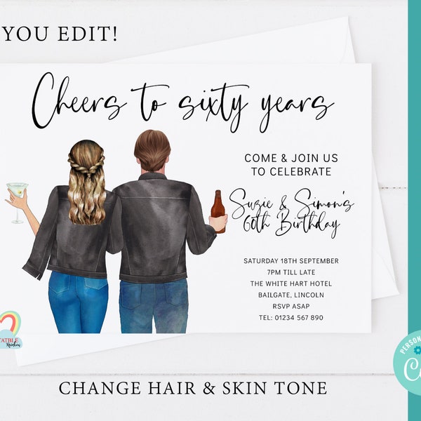 personalised twins 60th birthday invitation template custom portrait best friends invite cheers to 60 years editable joint party