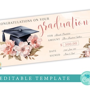 Assegno regalo di laurea. Assegno in bianco stampabile. Euro, Sterline e Dollari. Congratulazioni per aver superato gli esami. Stampa a casa i soldi presenti