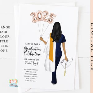 nurse graduation invite printable personalised graduation party invitation template editable class of 2025 afro african american graduate