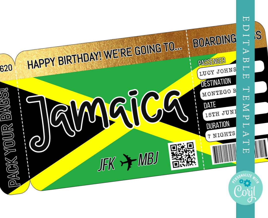 JAMAICA Boarding Pass Template Trip to Montego Bay Airplane Ticket