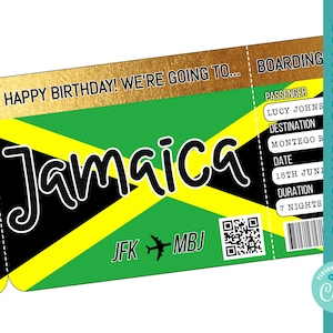 JAMAICAQUE modèle de carte d'embarquement voyage à Montego Bay billet d'avion imprimable modifiable carte d'embarquement anniversaire surprise billet personnalisé corjl