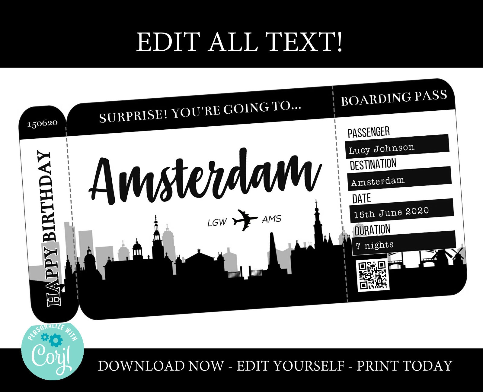 Amsterdam boarding pass template trip to Amsterdam airplane Etsy