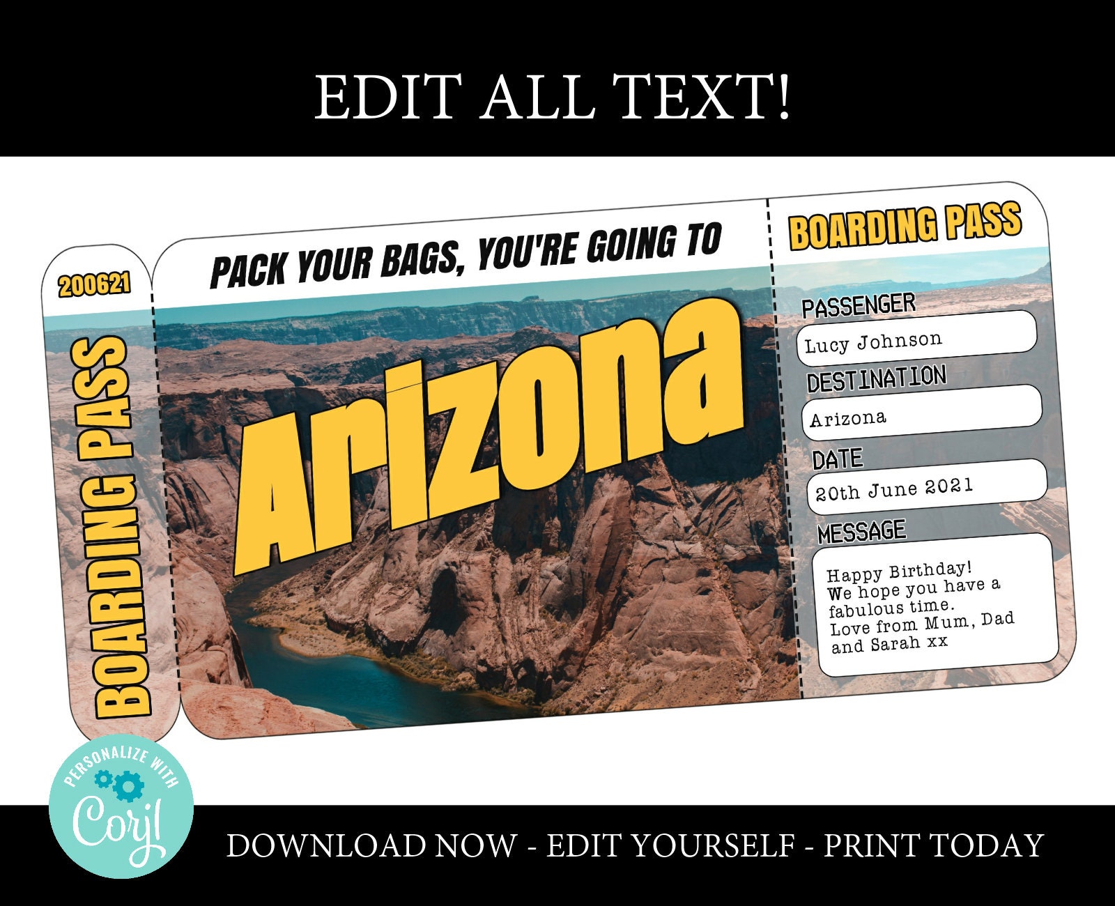 Arizona boarding pass template trip to Arizona airplane ticket Etsy