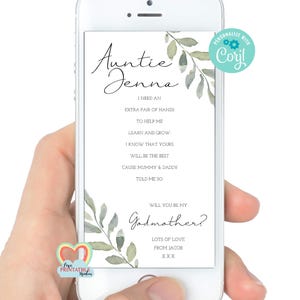 Cartão eletrônico para pedido de madrinha editável | Anúncio de bebê digital em Corjl | Poema "Você será minha madrinha" | Download instantâneo
