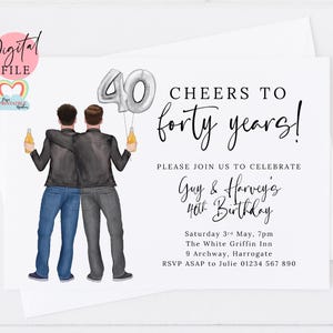 Cartão de aniversário de 40 anos para gêmeos para imprimir | Convite de aniversário para melhor amigo do sexo masculino | Convite de aniversário para gêmeos do sexo masculino | Um brinde aos 40 anos digital