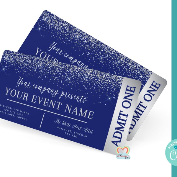 blue silver event ticket printable, editable event ticket, Senior Prom ticket, gold event ticket, diy event ticket, event ticket template